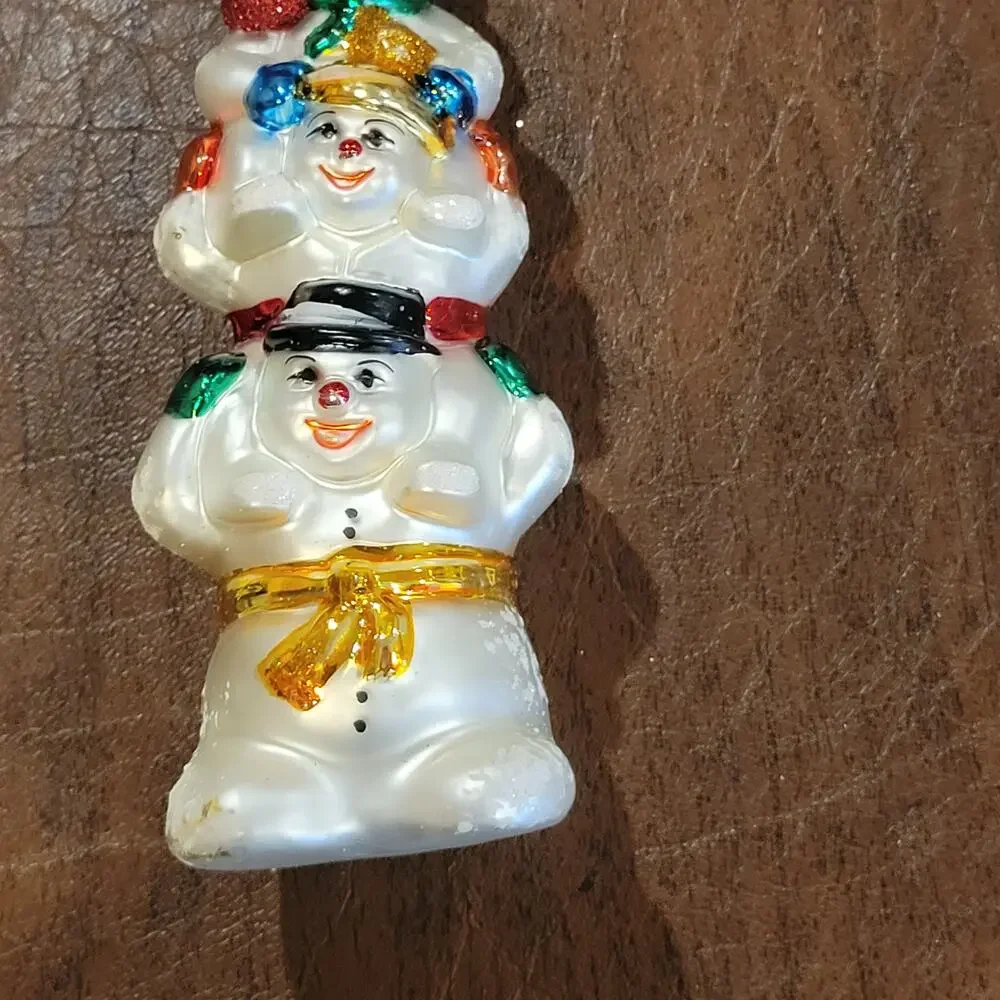 Vintage Snowman Stack Totem Pole Blown Glass Christmas Ornament Made in Poland